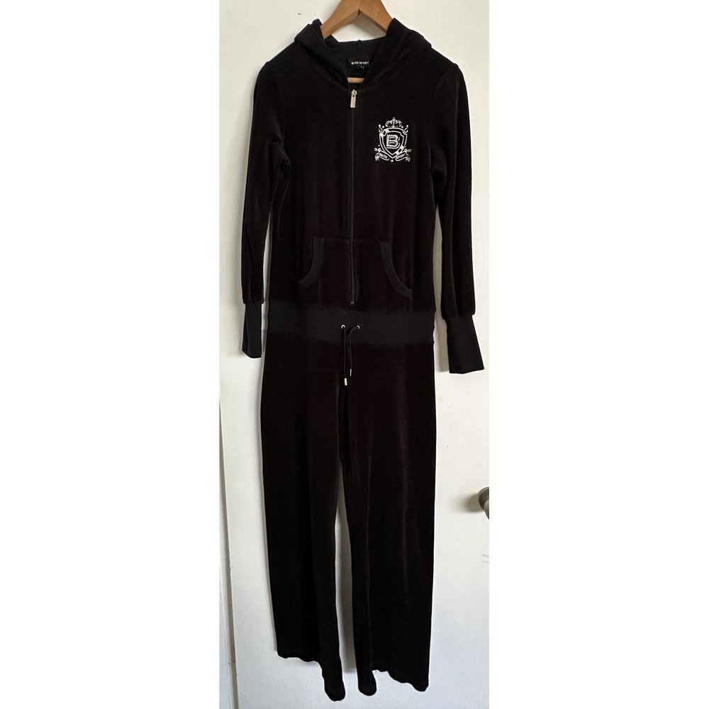 Y2K Bebe Sport Velour Hooded Jumpsuit Black Crystal Logo One Piece Size M RARE